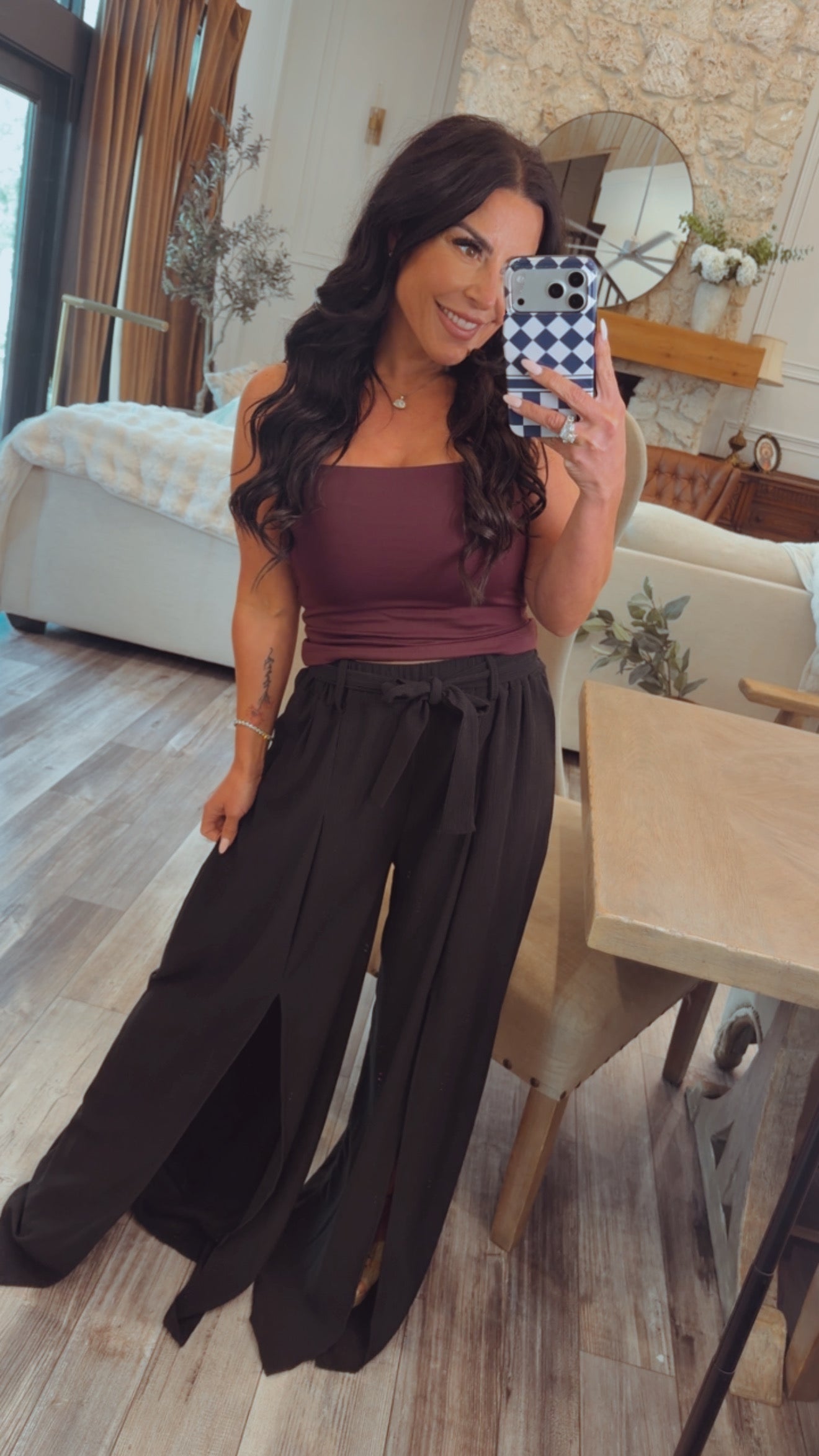 Chic Black Belted WIde Leg Pants