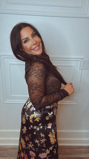 Black and Floral Satin Skirt