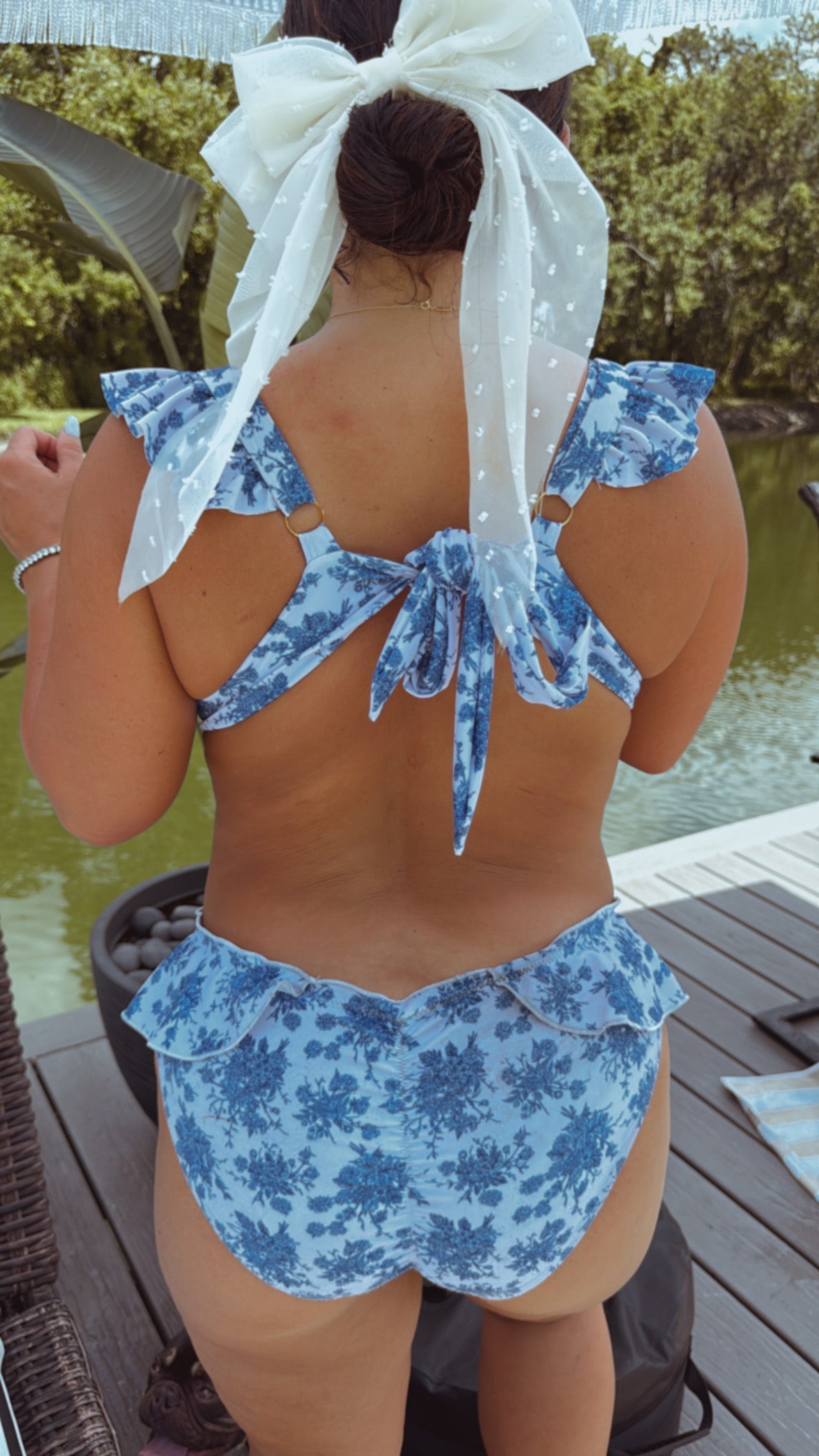 DTW Exclusive Blue Blooms and White Bikini Top