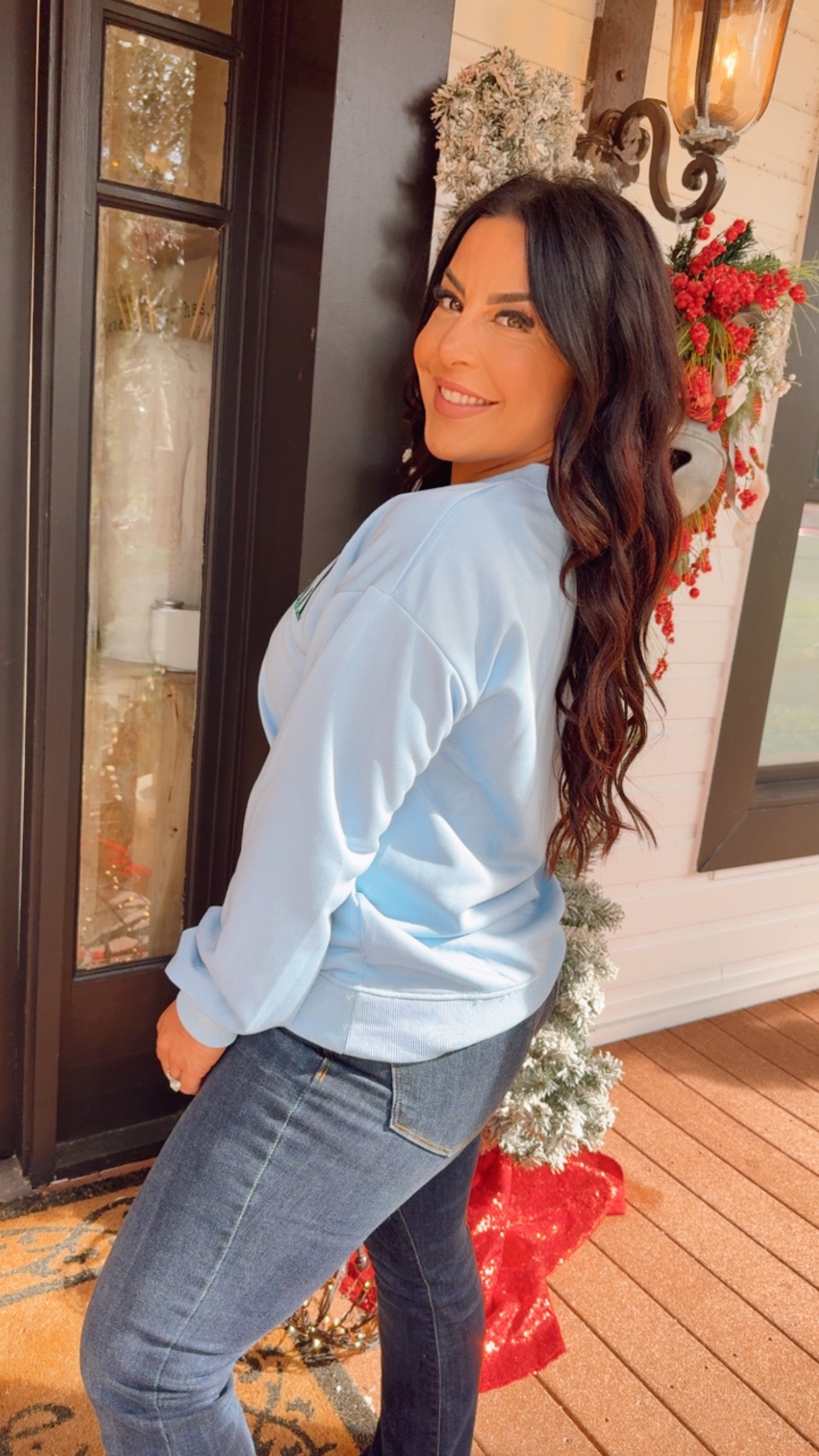 Blue Holly Jolly Embriodered Long Sleeve Crewneck