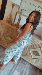 White and Blue Floral Jumpsuit