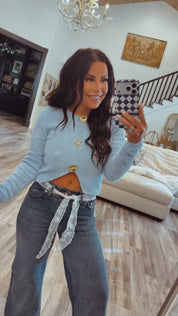 Ultra Soft Blue Cropped Sweater With Gold Buttons