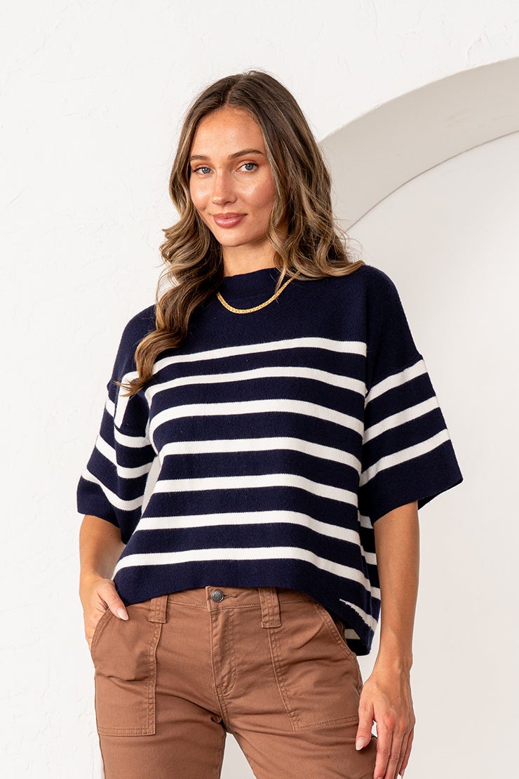 Navy and White Knit Relaxed Fit Top