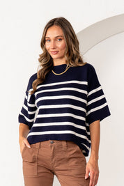 Navy and White Knit Relaxed Fit Top