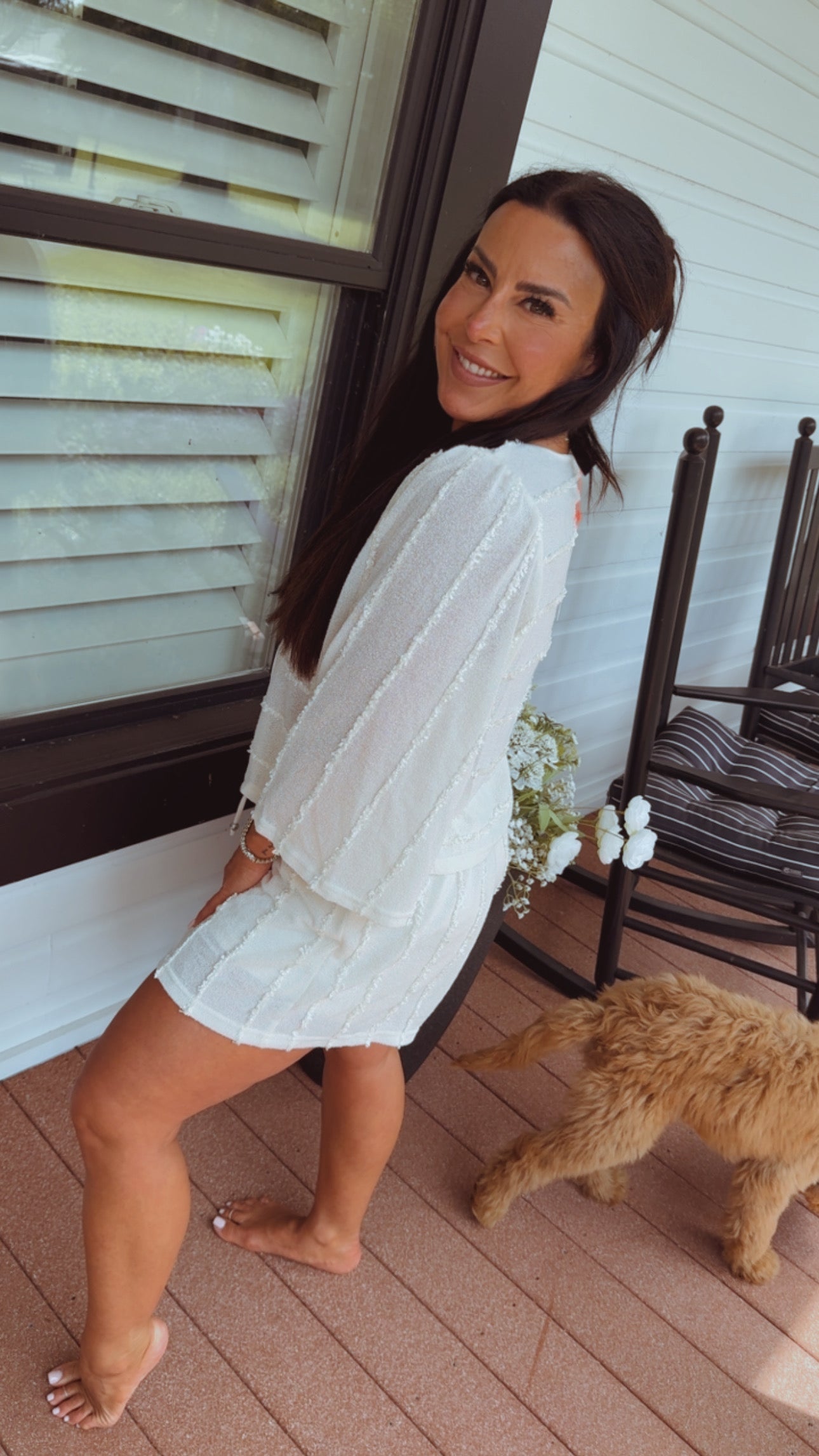 The Greii Ivory Textured Two Piece Set Shorts and Tie Top