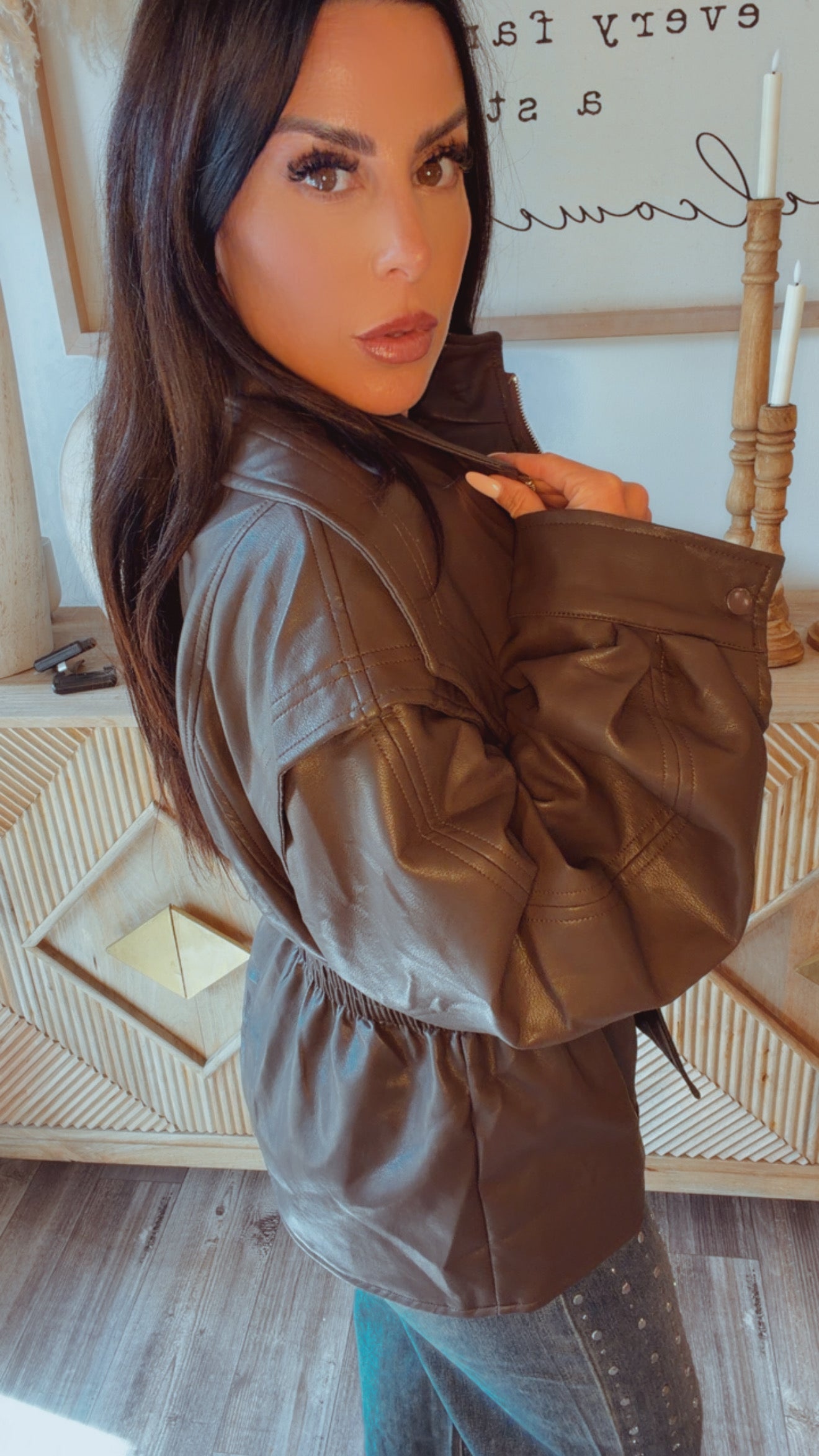 She's Trouble Cage Brown Vegan Leather Jacket
