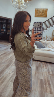 Olive and White Long Sleeve Chic Top With Built In Tank