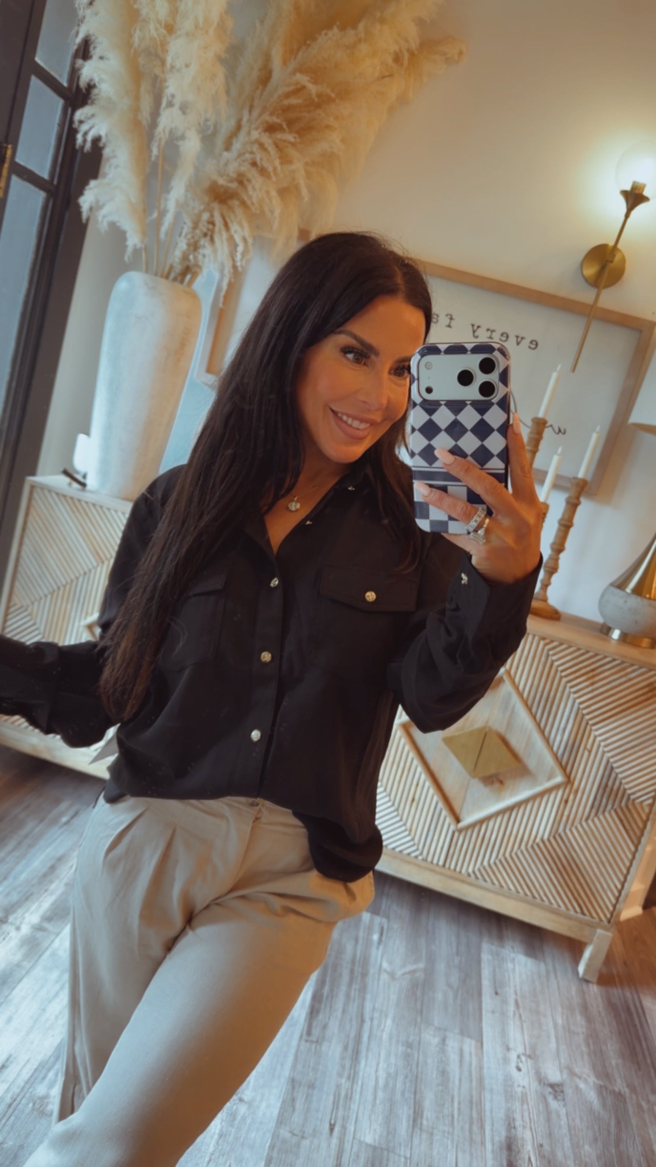 Long Sleeve Black and Gold Button Up Blouse