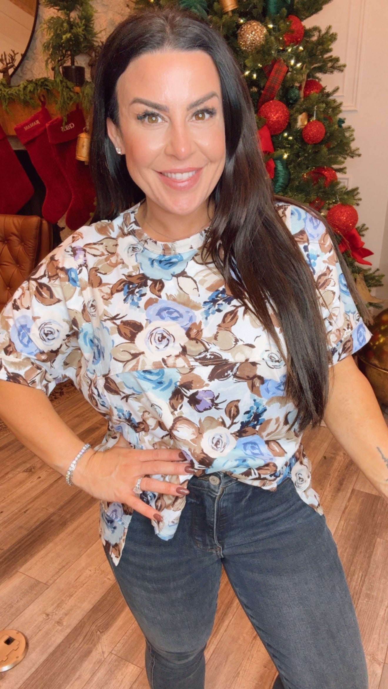 Blue and Brown Floral Short Sleeve Top