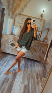 Chic Button Up Hunter Green Long Sleeve Top