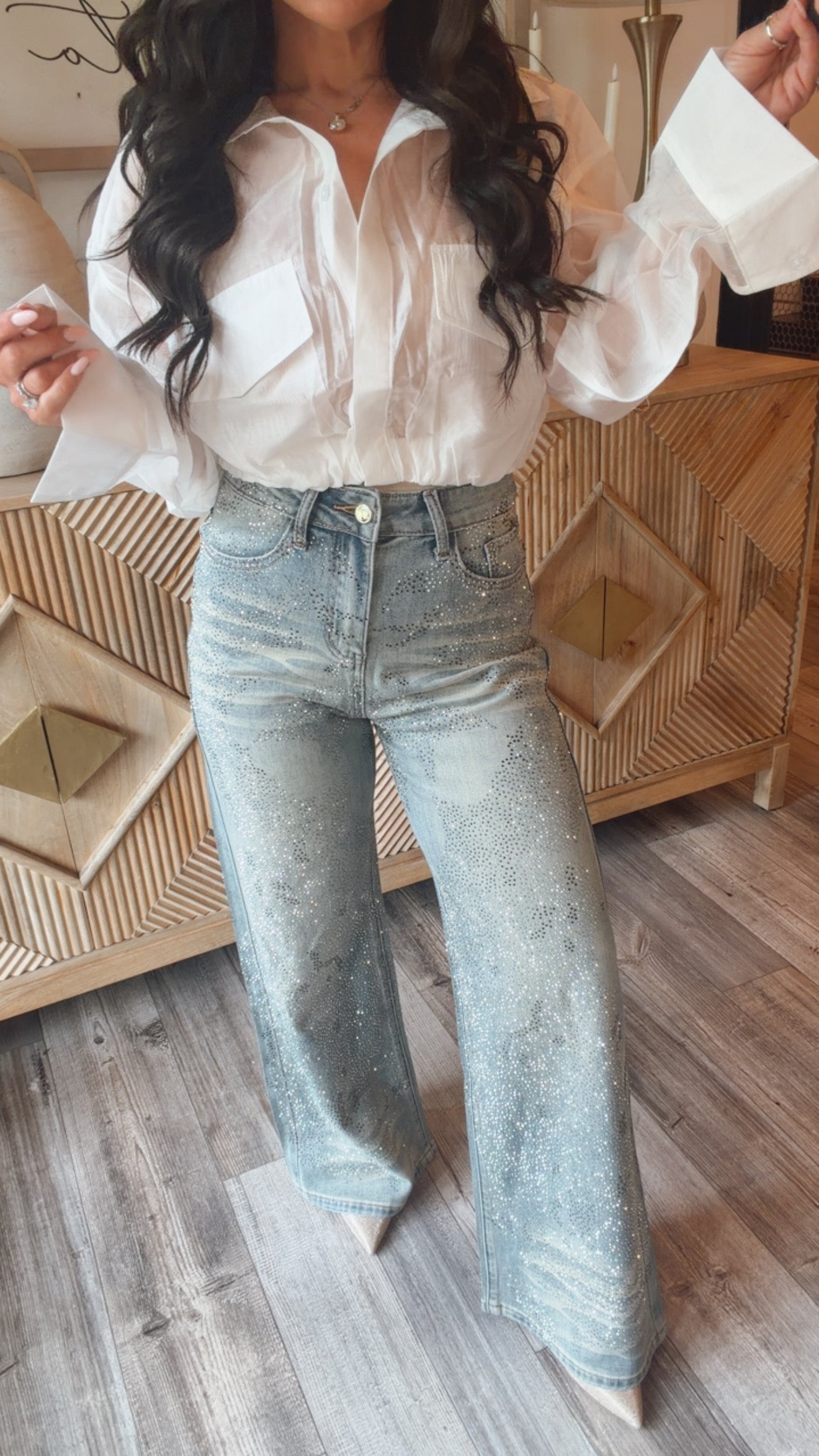 “HEY THERE HOTTIE” Light Wash Diamond Sparkle Jeans