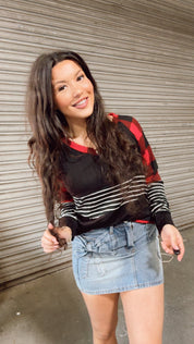 RED AND BLACK PLAID STRIPED LONG SLEEVE TOP
