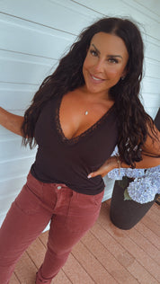 Sassy Black Lace Trim Vneck Tank