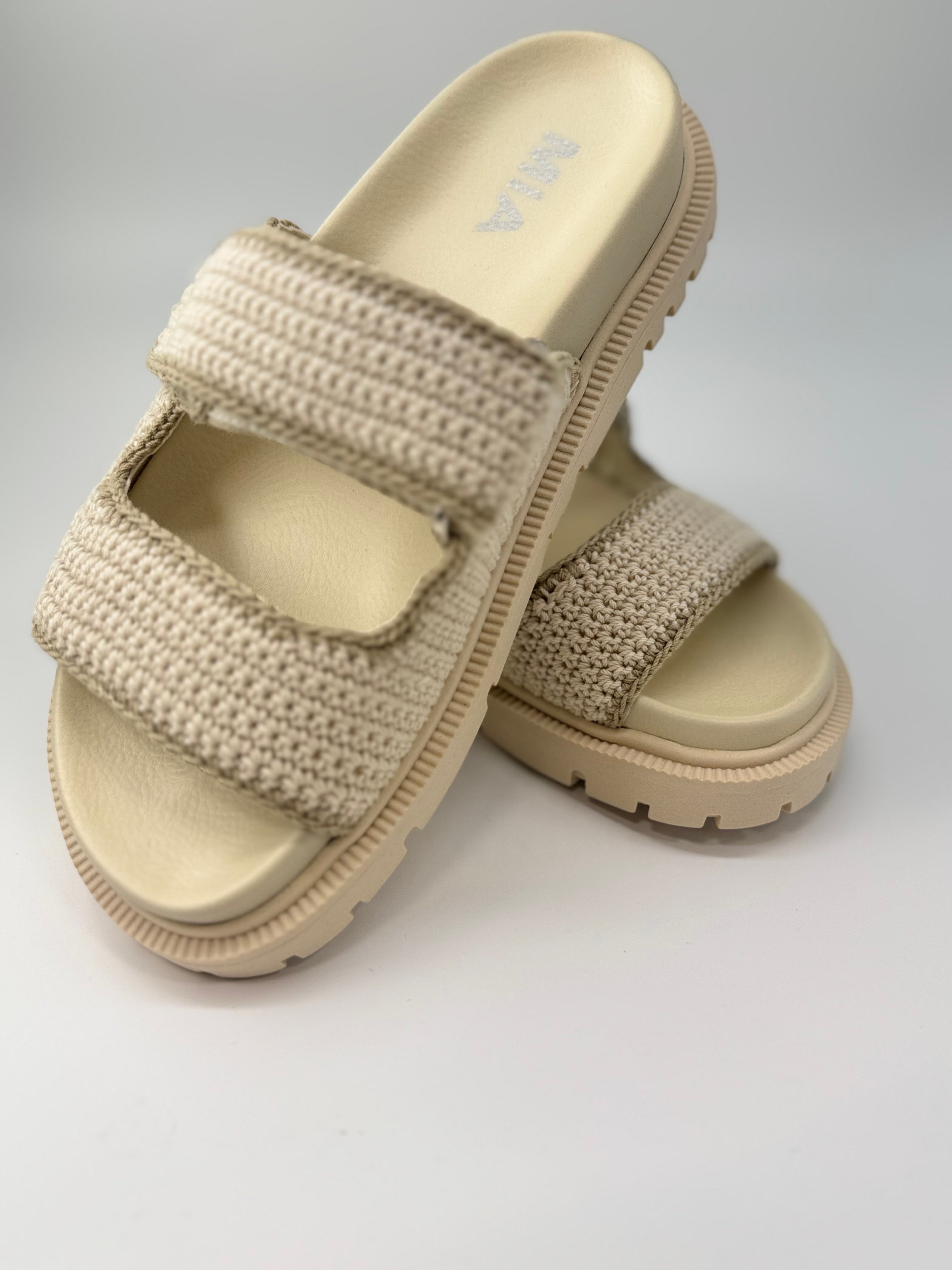 Mia Shoes Cream Knit Double Strap Sandals
