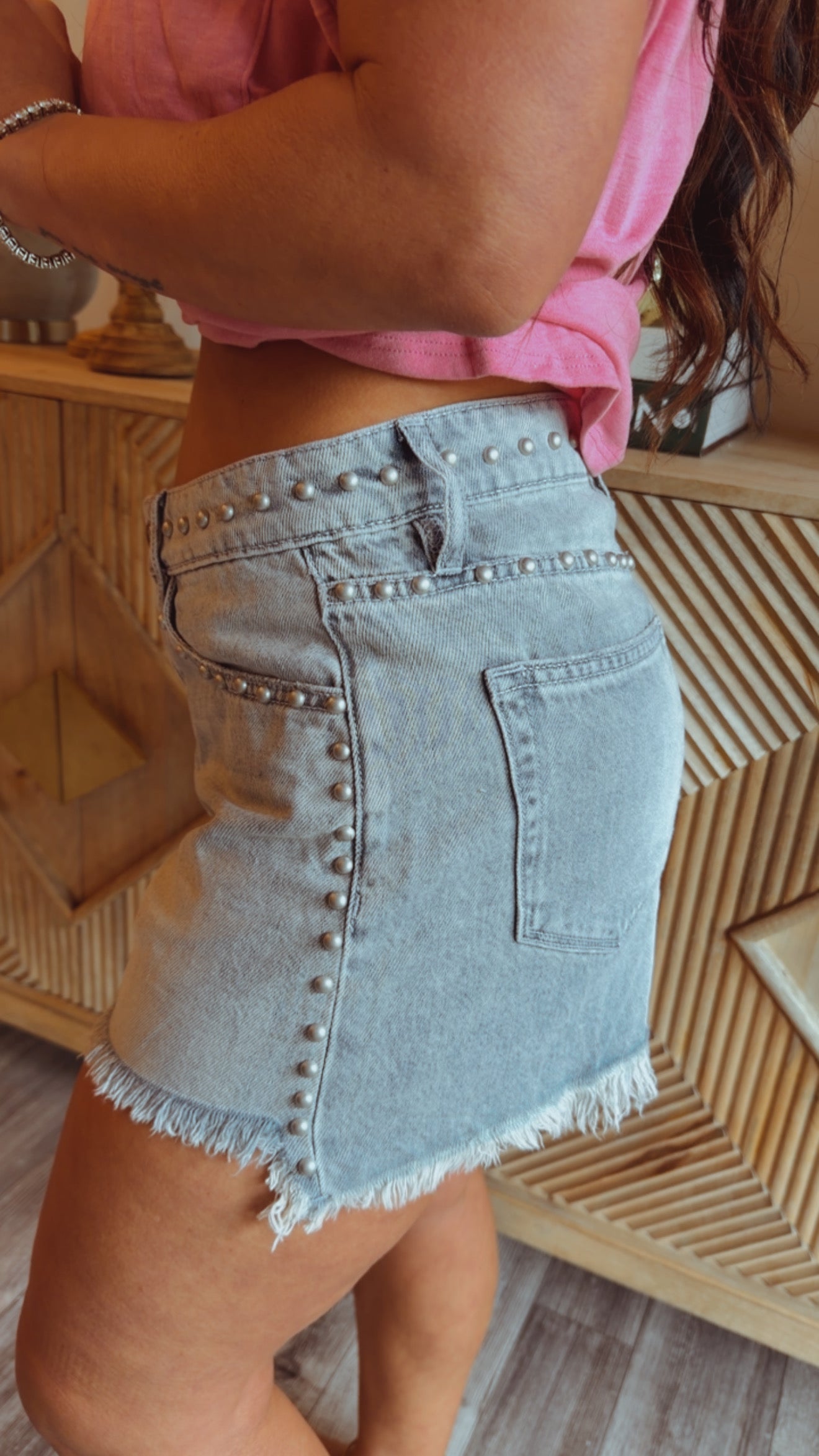 Mica Denim Raw Hem Studded Jean Shorts