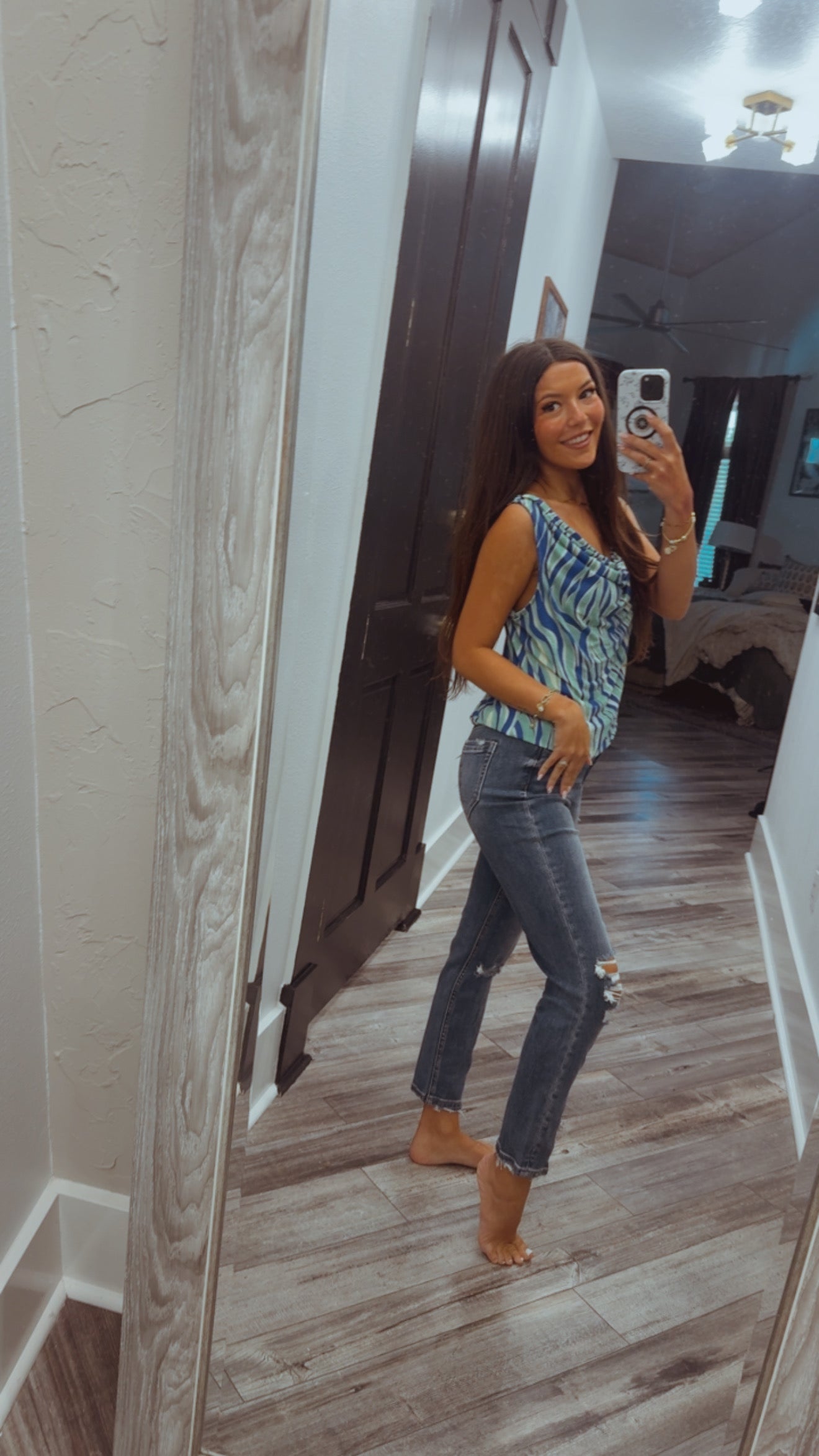 Indigo and Mint Cowl Neck Top