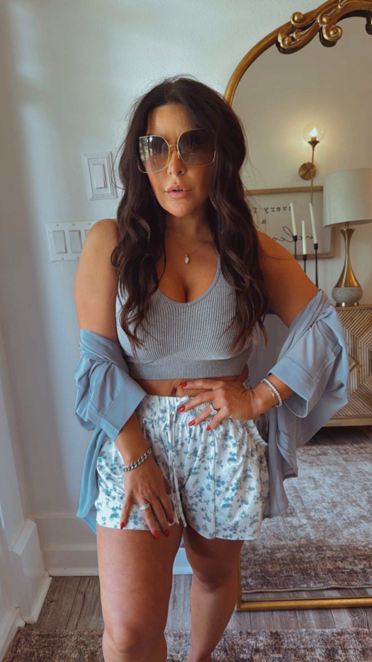 Blue and White Floral Ruffle Pocket Trim Shorts