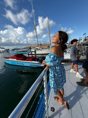 Chic Blue and White Floral Puff Sleeve Dress-DEA; OF THE DAY
