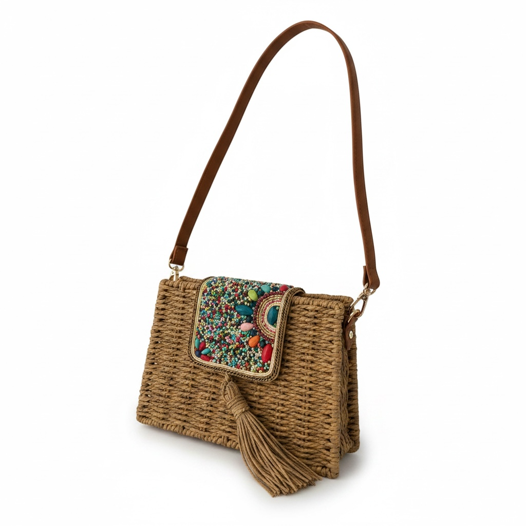 Seagrass With Floral Bead Detail Crossbody Bag