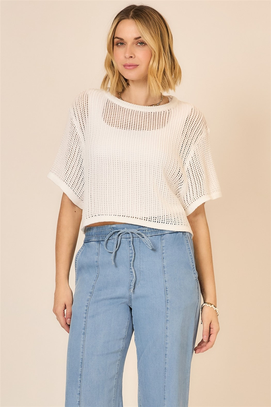 Cozy Co White Open Knit Half Sleeve Top 30a
