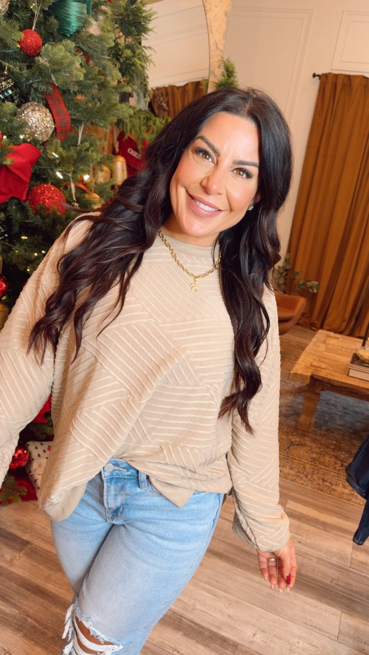 Taupe Textured Long Sleeve Lightweight Sweater Top