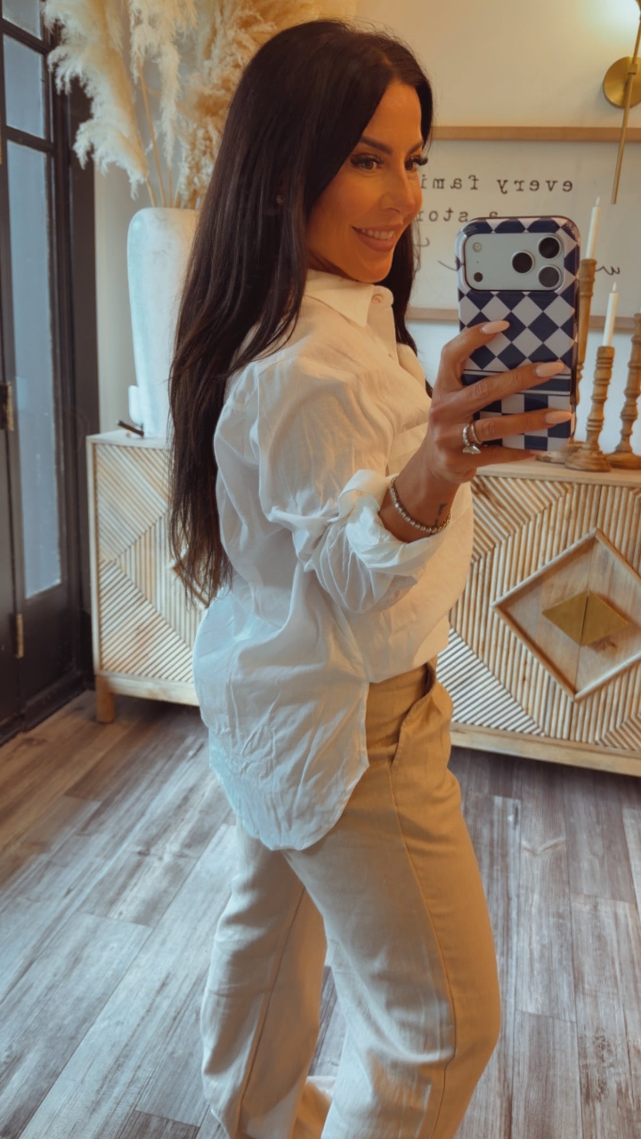 Loose Fit White 1/4 Sleeve Button Up Top