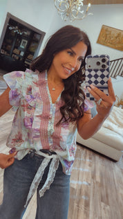 Multi Color Floral Ruffle Sleeve Top