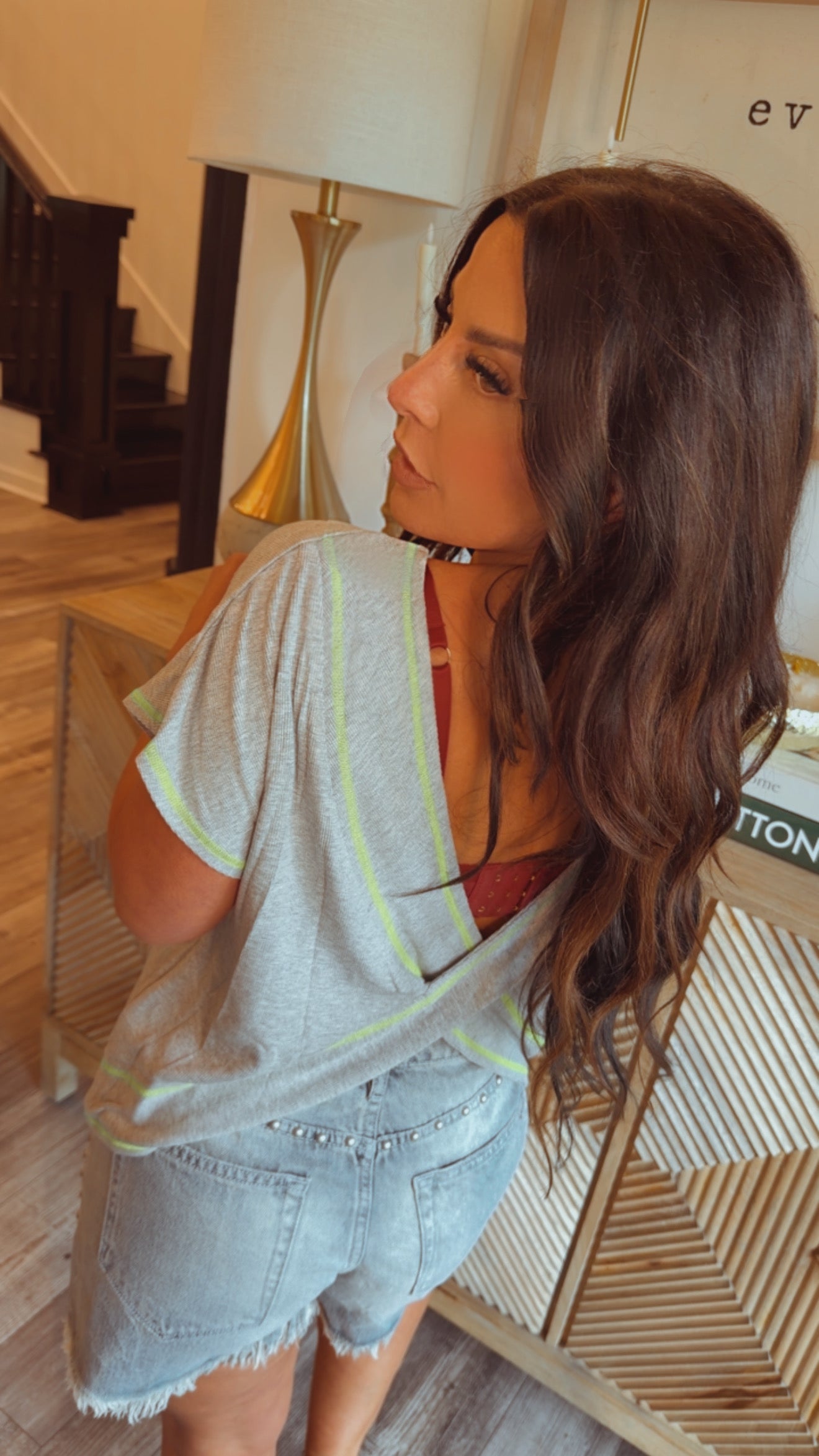 Lightweight Soft Open Back Grey and Green Lace Top