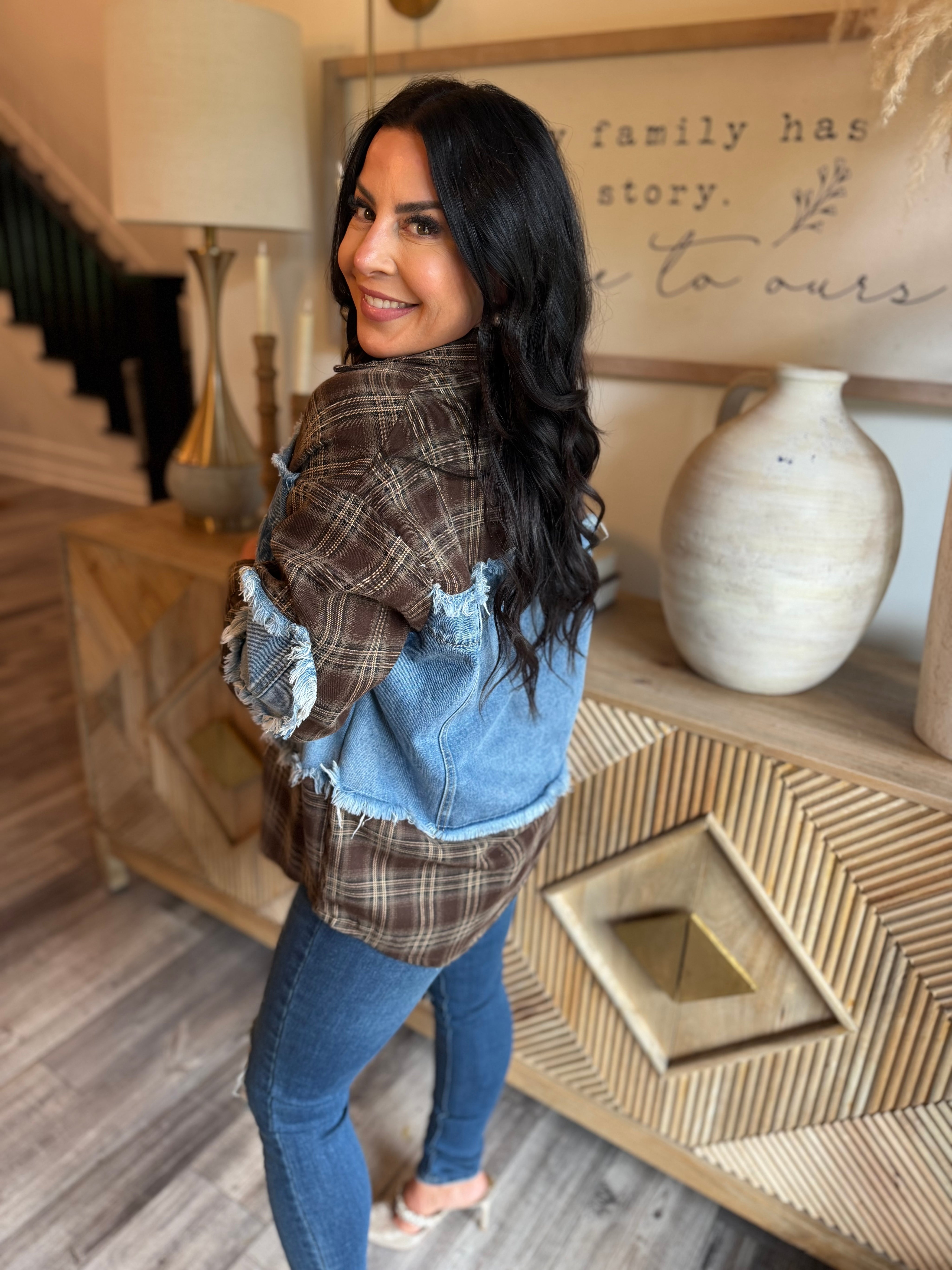 Denim and Chocolate Brown Flannel Distressed Hem Jacket