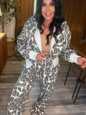 Diva Snow Leopard Crystal Embellished Two Peice Set Hodie and Joggers