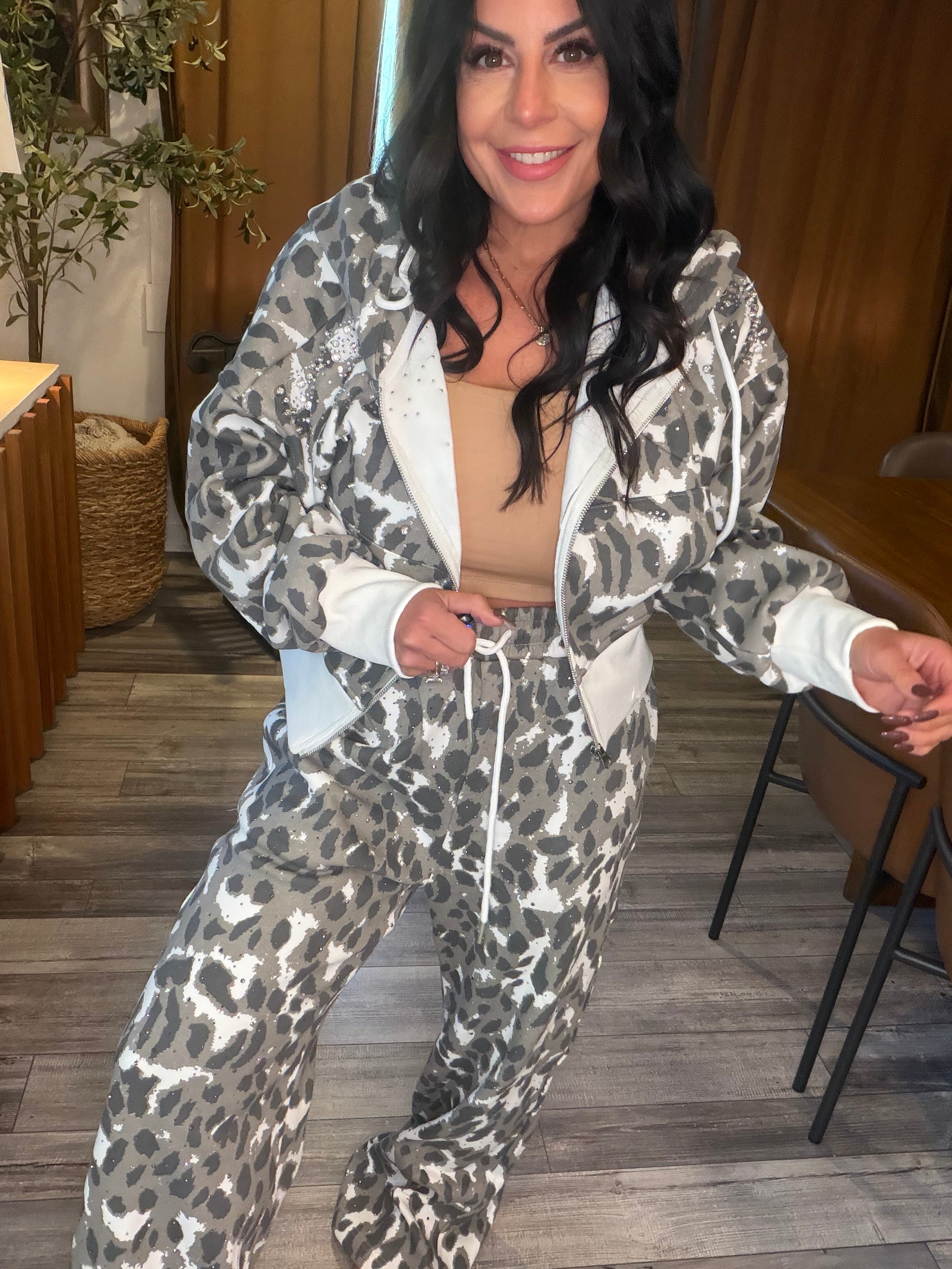 Diva Snow Leopard Crystal Embellished Two Peice Set Hodie and Joggers
