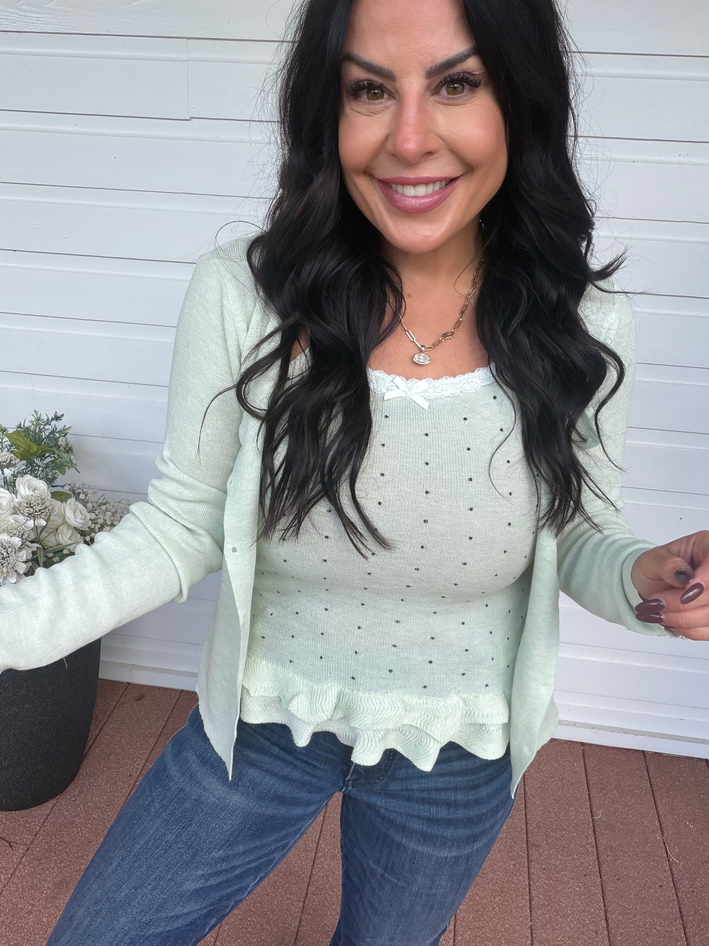 Light Green Knit Two piece Cami Tank And Sweater Top Set