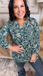 Hunter Green and Taupe Floral Lightweight Long Sleeve Button Top
