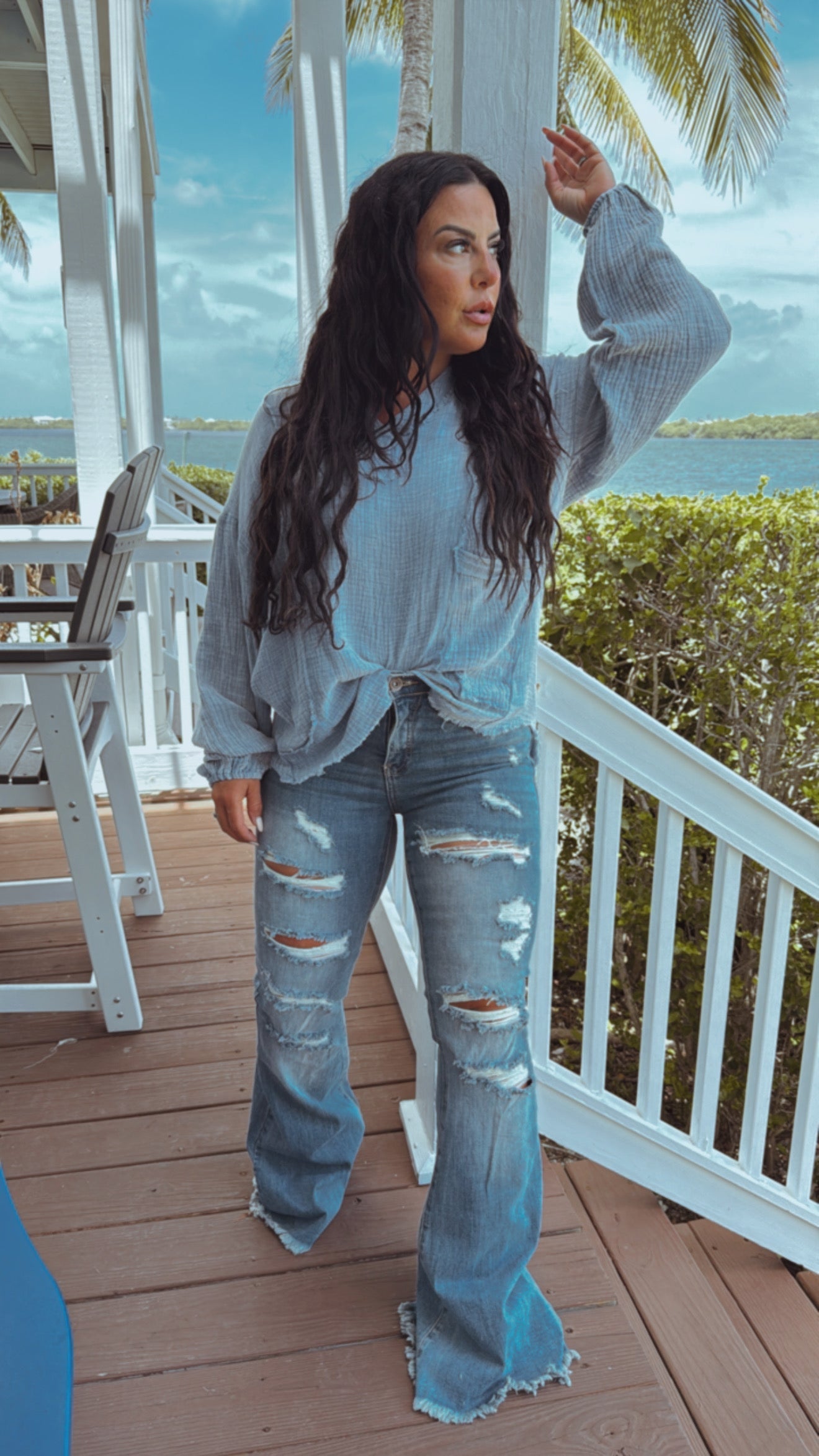 Light Blue Textured Linen Long Sleeve Top