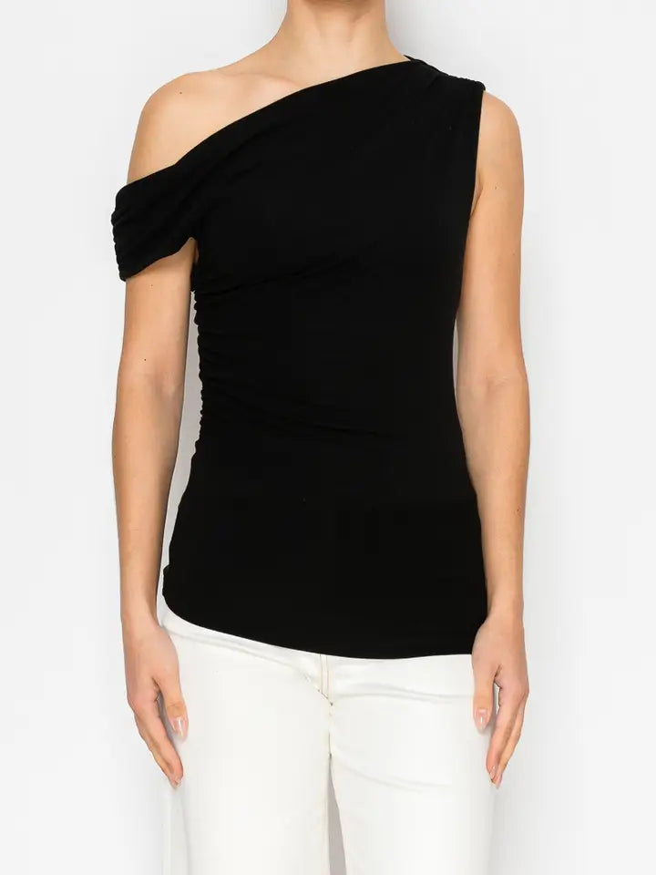 Stitch and CO Sassy Black Ruched One Shoulder Top