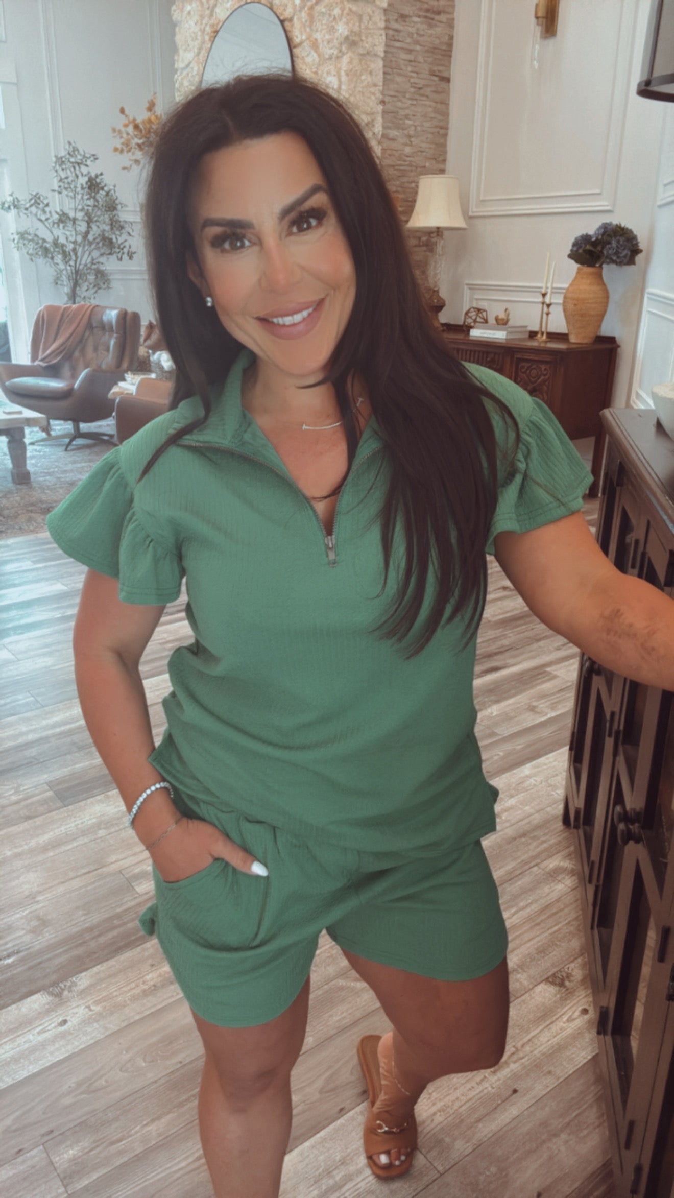 kelly Green Textured Knit Shorts