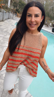Chic Luxe Knit Orange and Taupe Crochet Knit Tank