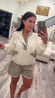Cream and Brown Jacket and Athletic Shorts Set Rae Mode
