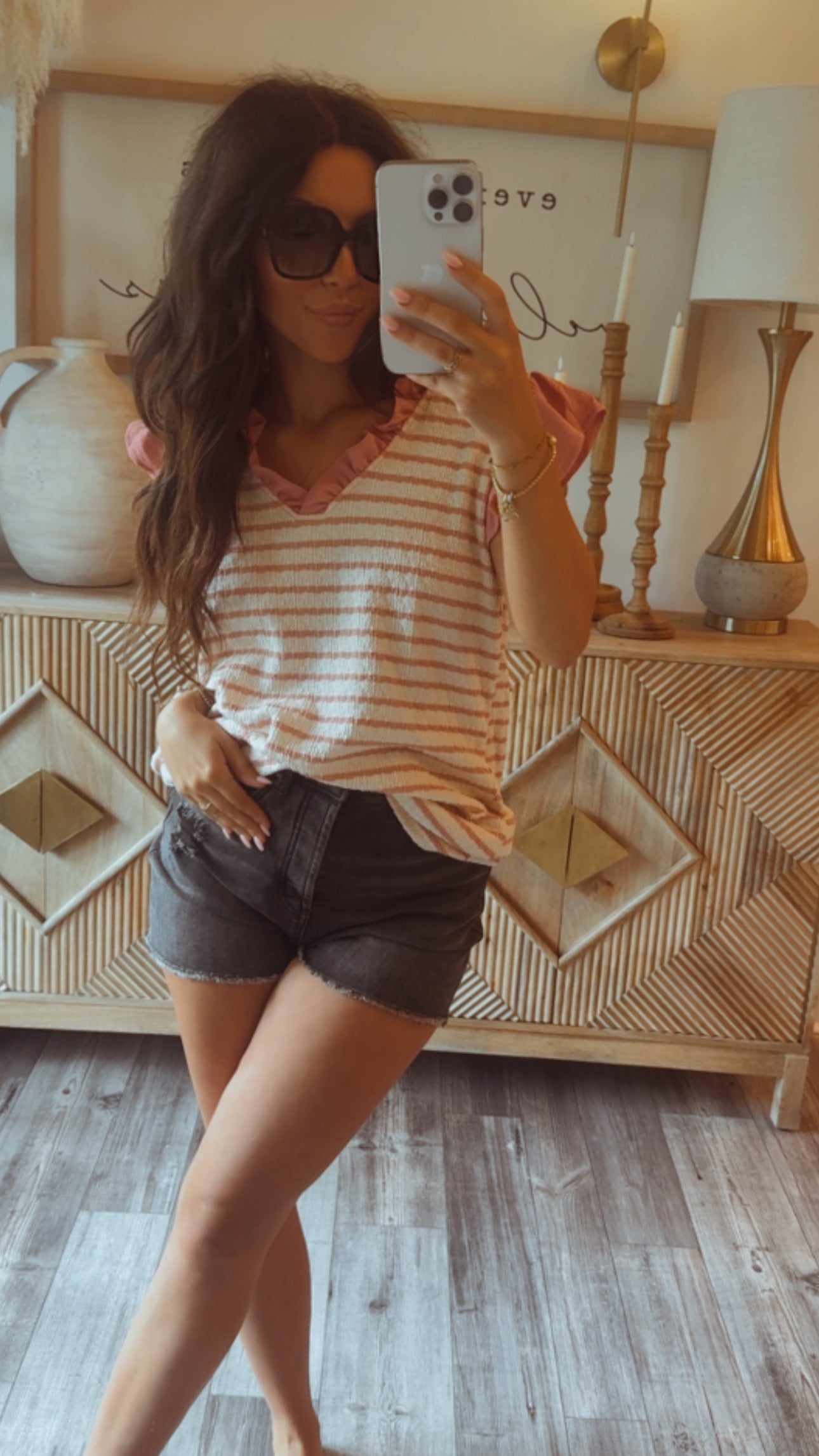 Pink and Cream Stripe Ruffle Sleeve Top