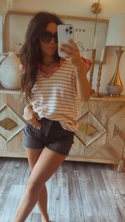 Pink and Cream Stripe Ruffle Sleeve Top