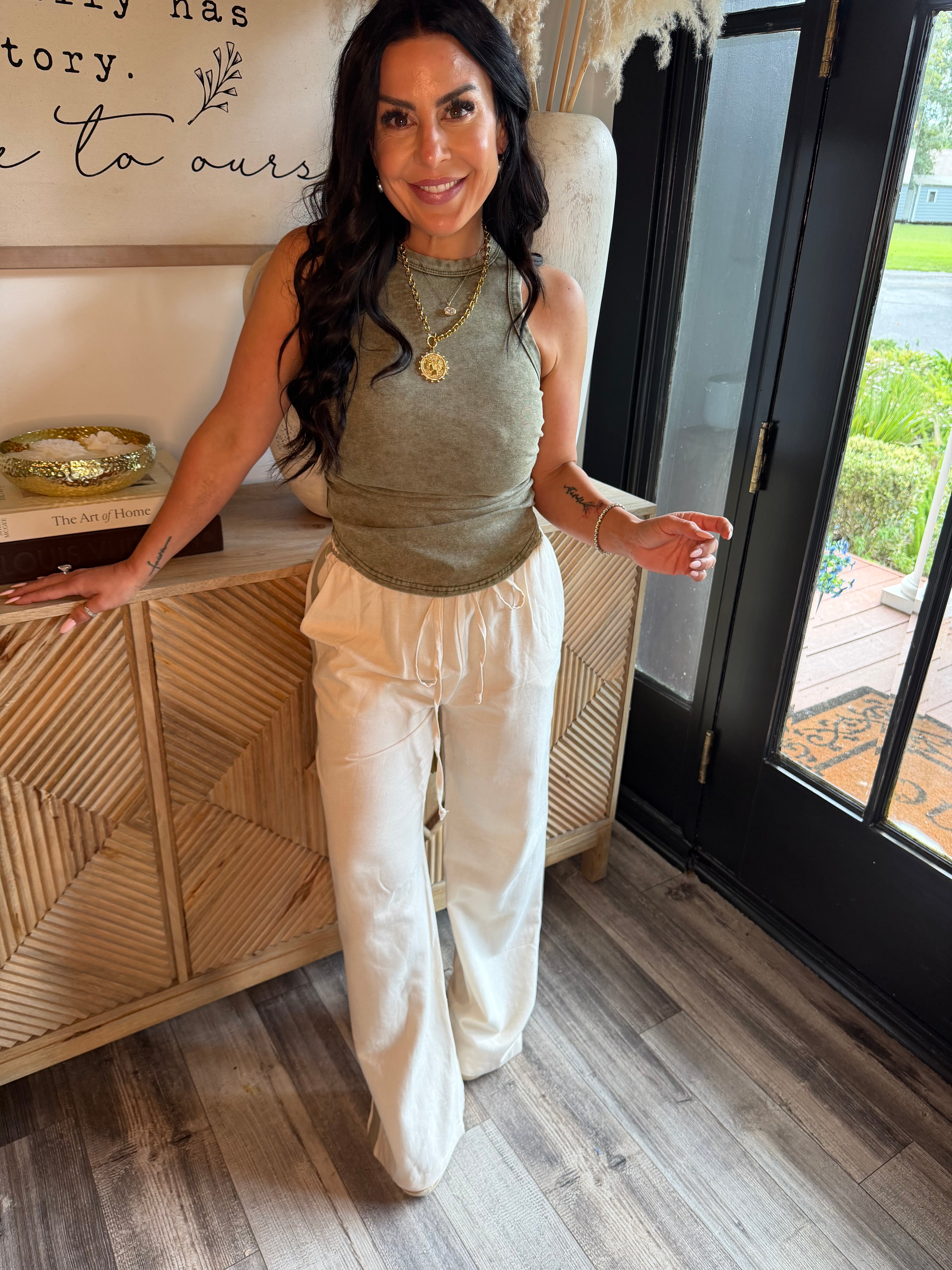 Olive Acid Wash Side Ruched Tank