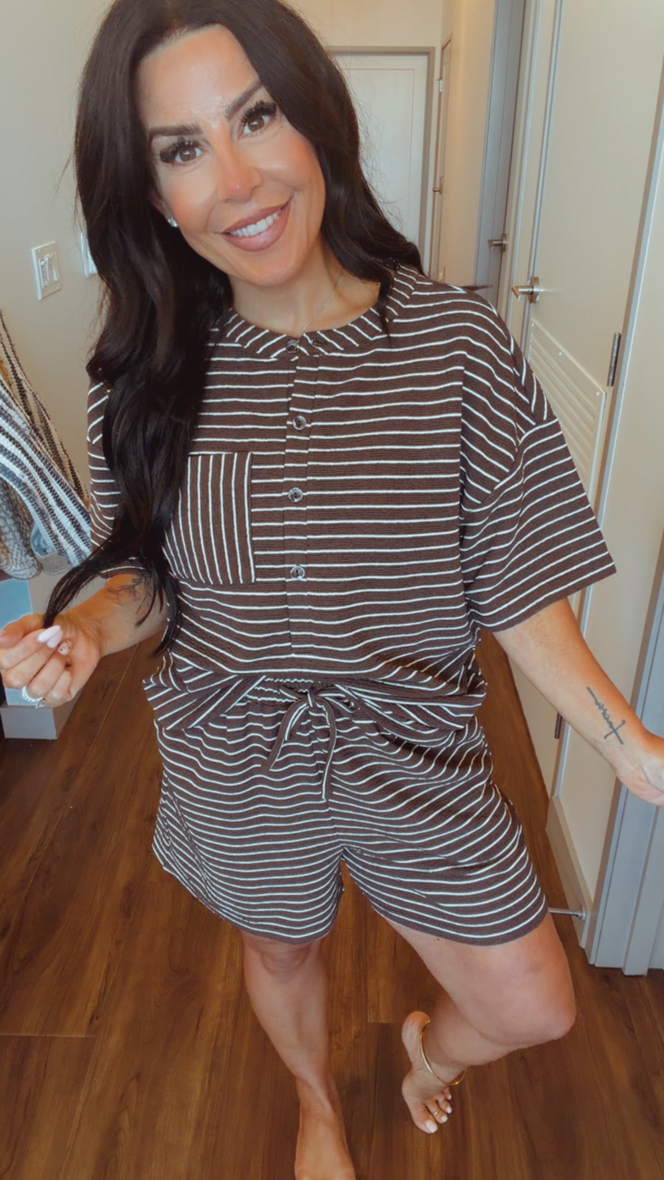 Cozy Co Denim Espresso and Cream Striped Top