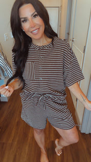 Cozy Co Denim Espresso and Cream Striped Top