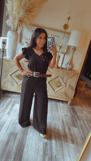 Black Ruffle Sleeve V Cut Jumpsuit