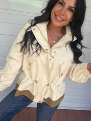 Cream And Olive Gold Button Zip Up Jacket