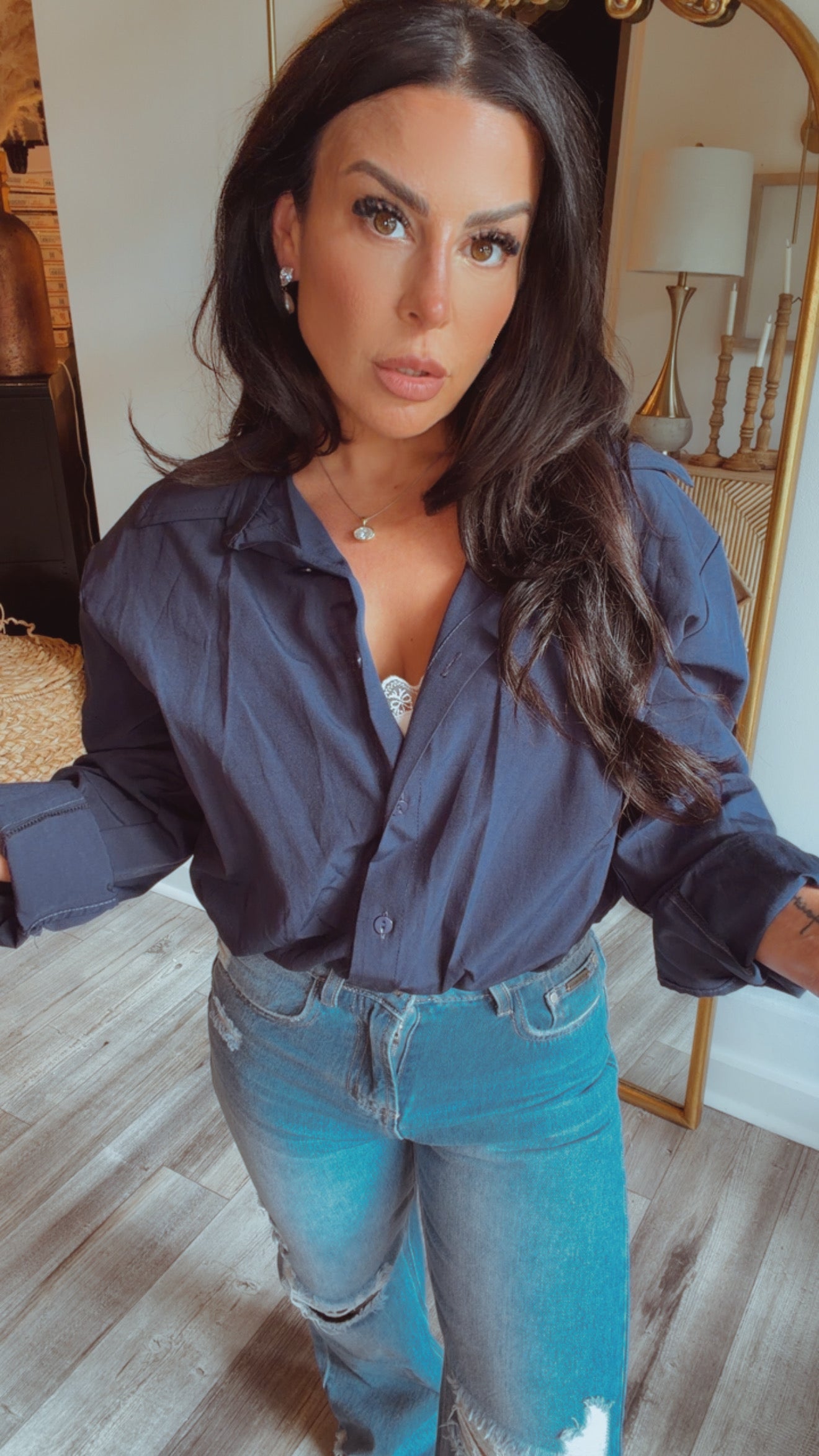 Luxe Navy  Blue and White Lace Cami Long Sleeve Top