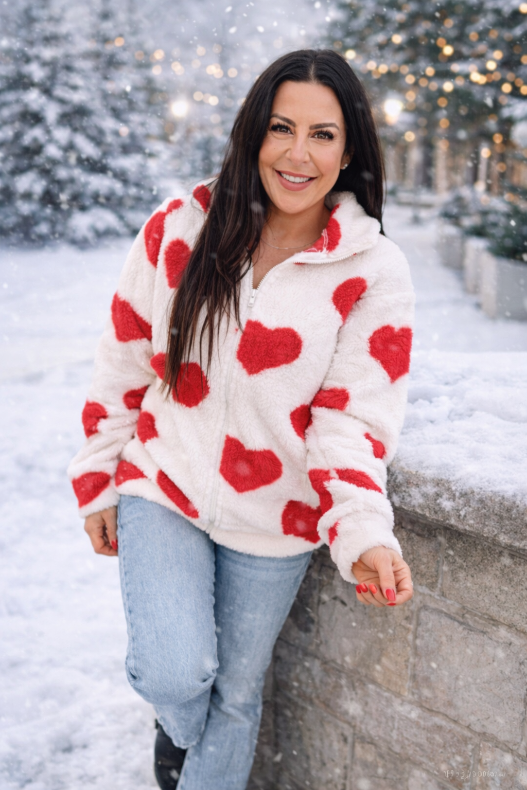 Red Heart Ivory Sherpa 1/4 Zip Jacket