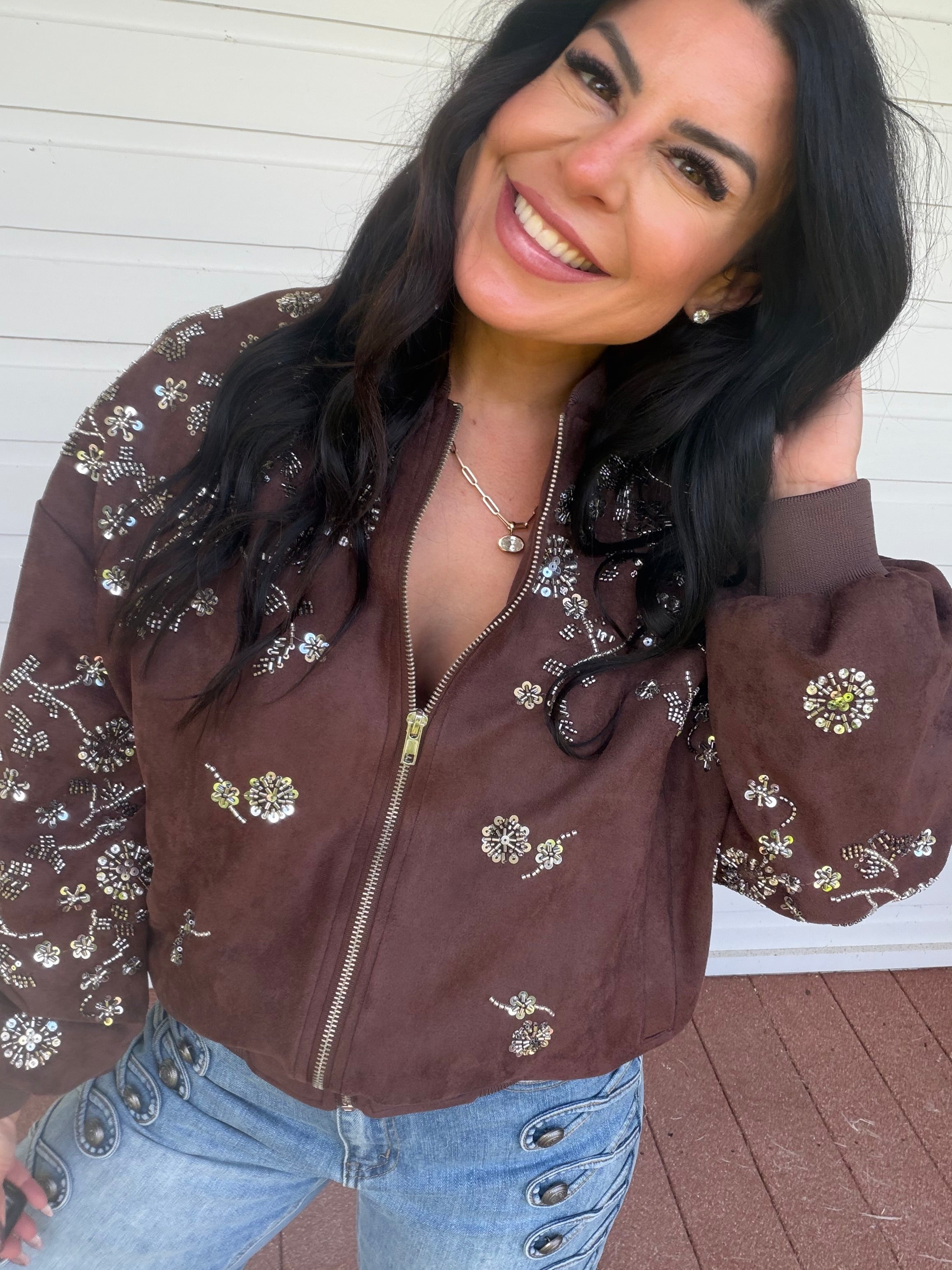 Chocolate Suede Silver Embellished Zip-Up Jacket
