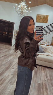 Luxe Chocolate Brown Leather Wrap Jacket