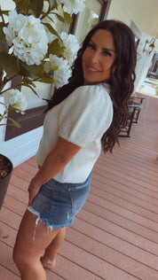 Ultra Soft White Confetti Puff Sleeve Button Up cardi